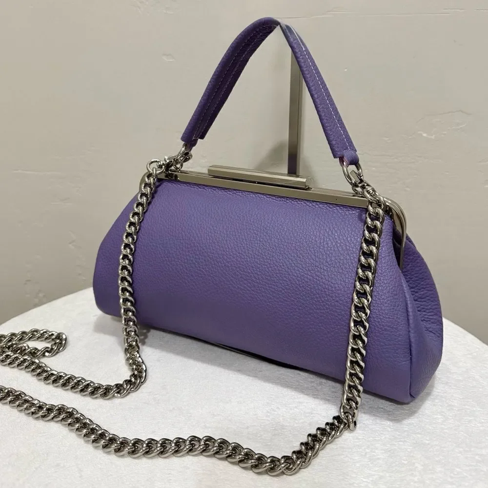 Purple Pebble Calfskin Leather Handmade Push Lock Baguette Bag, Multi Use Style